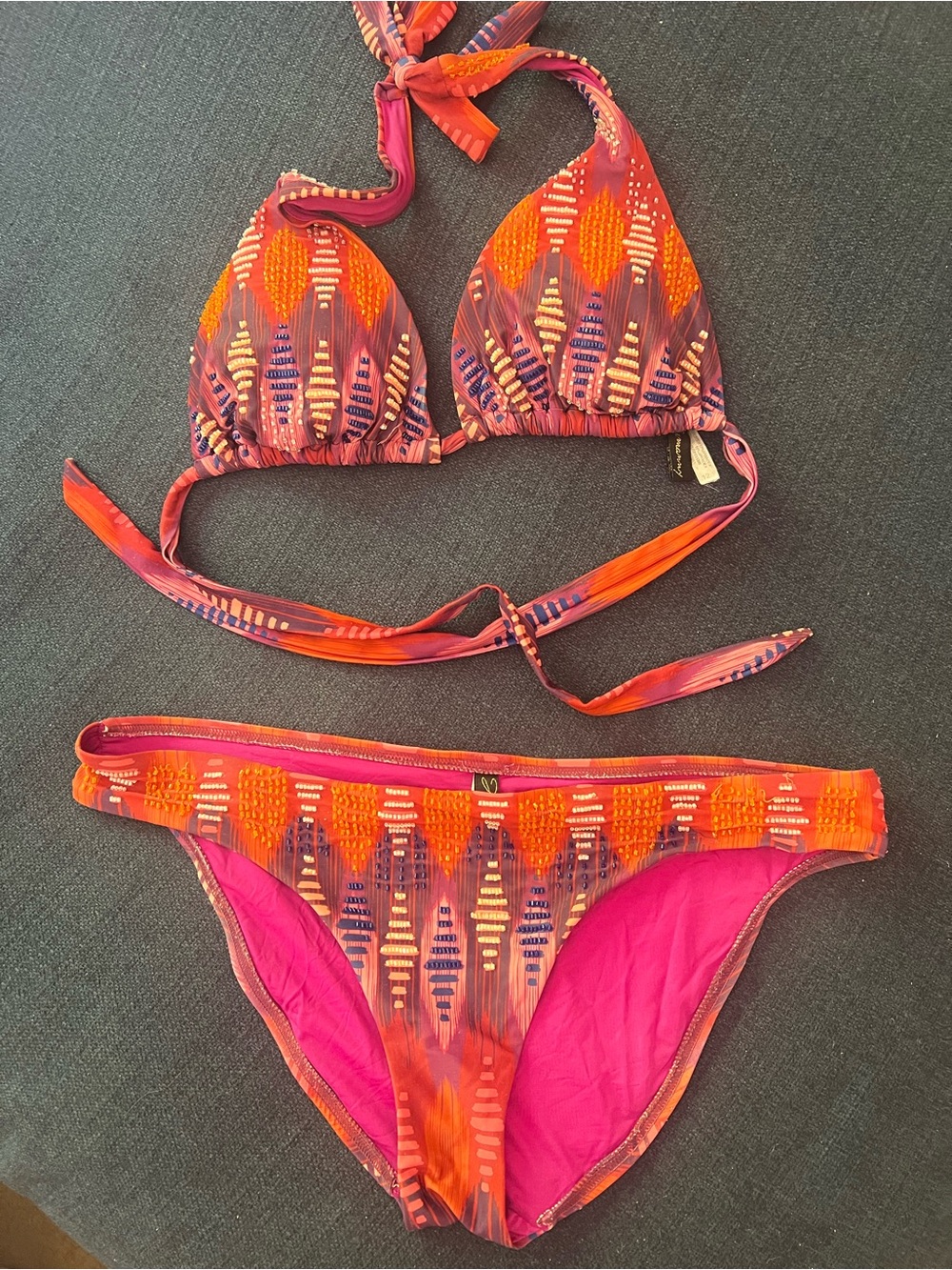 Pink and Orange Printed Triangle Bikini Set